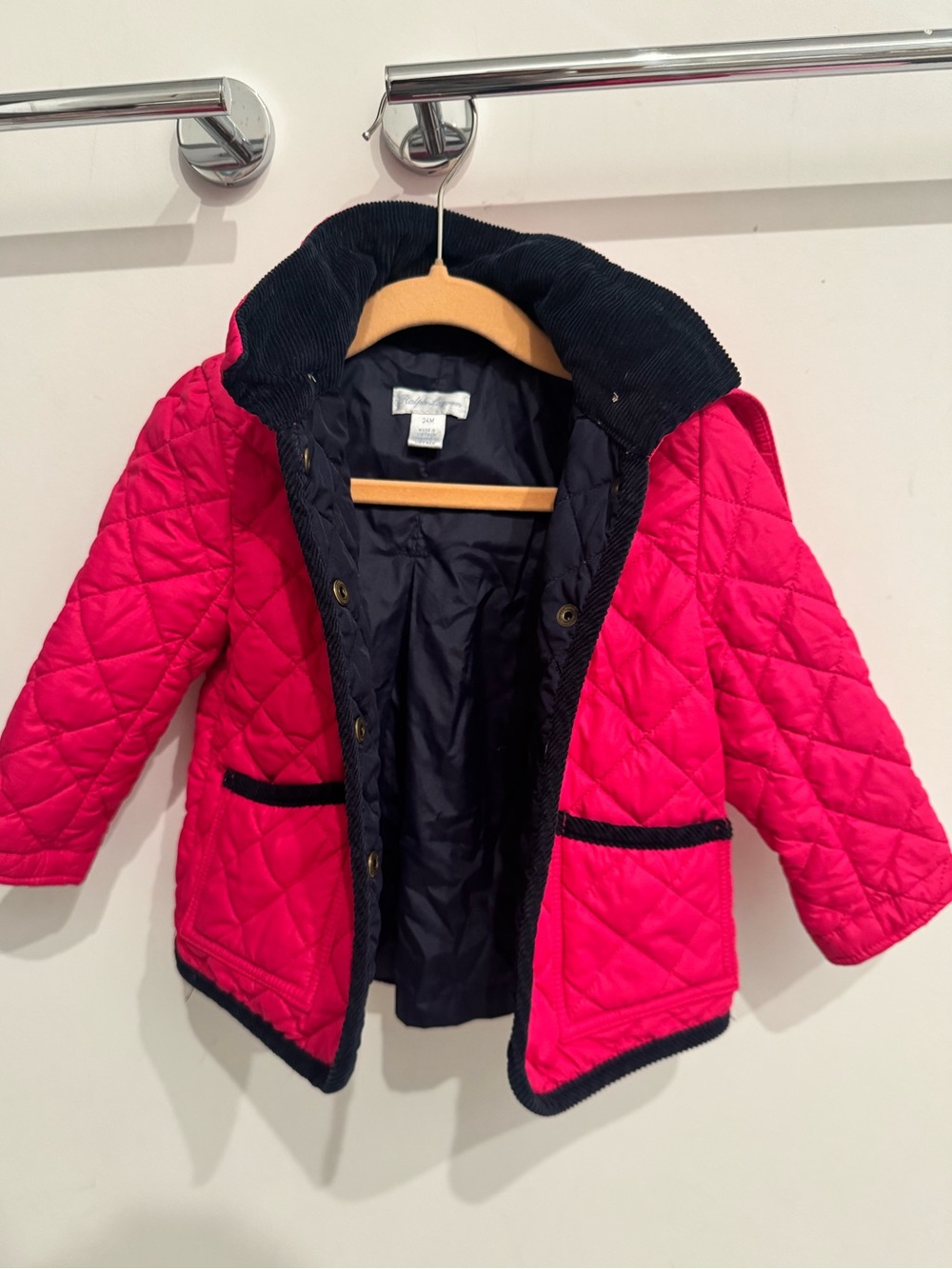 Girls' Ralph Lauren Quilted Pink Coat with Navy Trim - Kids Jacket - 24 months